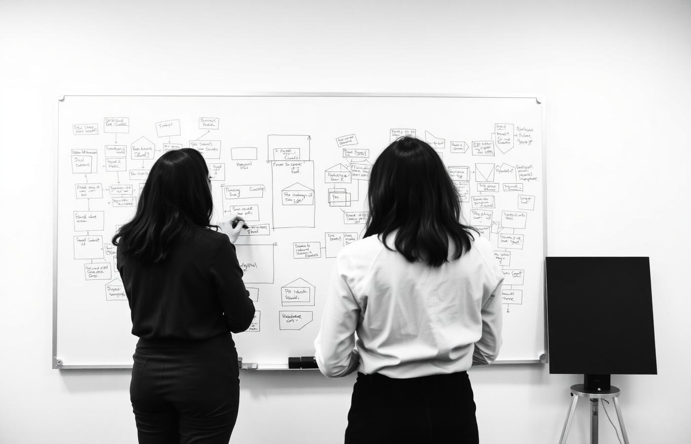 Two colleagues standing at a whiteboard covered with hand-drawn process and architecture diagrams