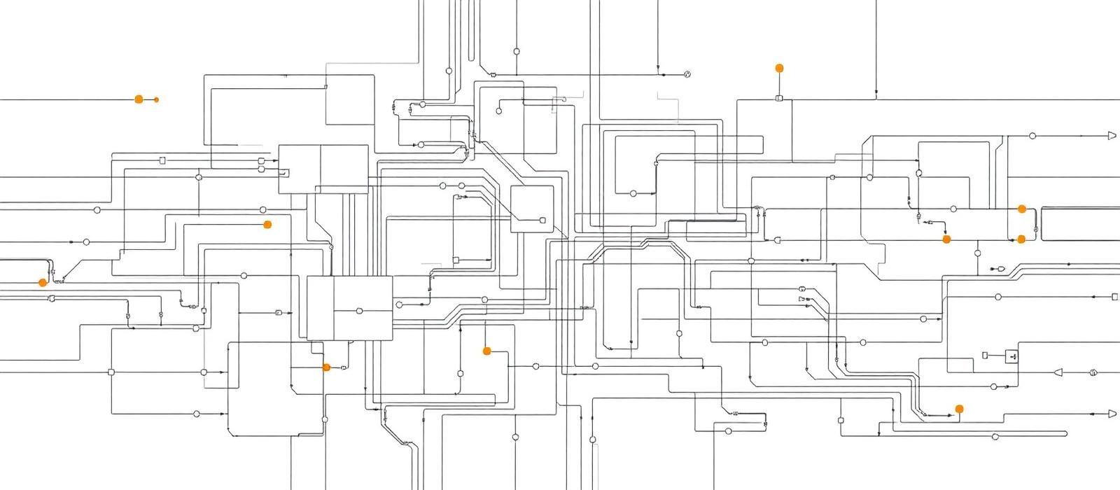 Technical schematic of interconnected black circuit-like paths on white with small orange connection points