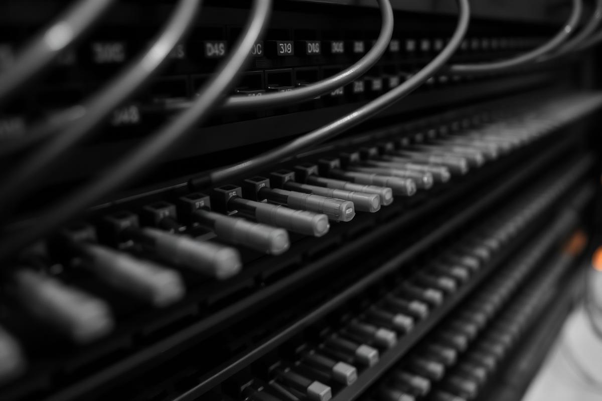 Close-up of neatly organised network patch cables connected to a switch panel